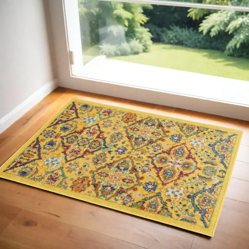 Yellow Floral Power Loom Area Rug Photo 2