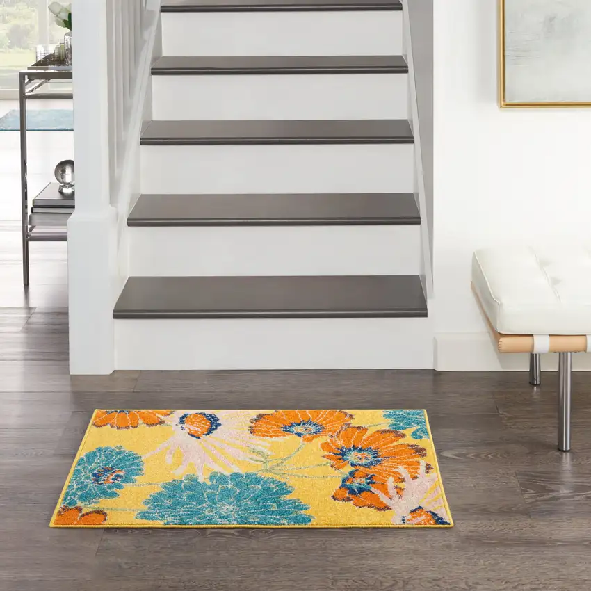 Yellow Floral Power Loom Area Rug Photo 5