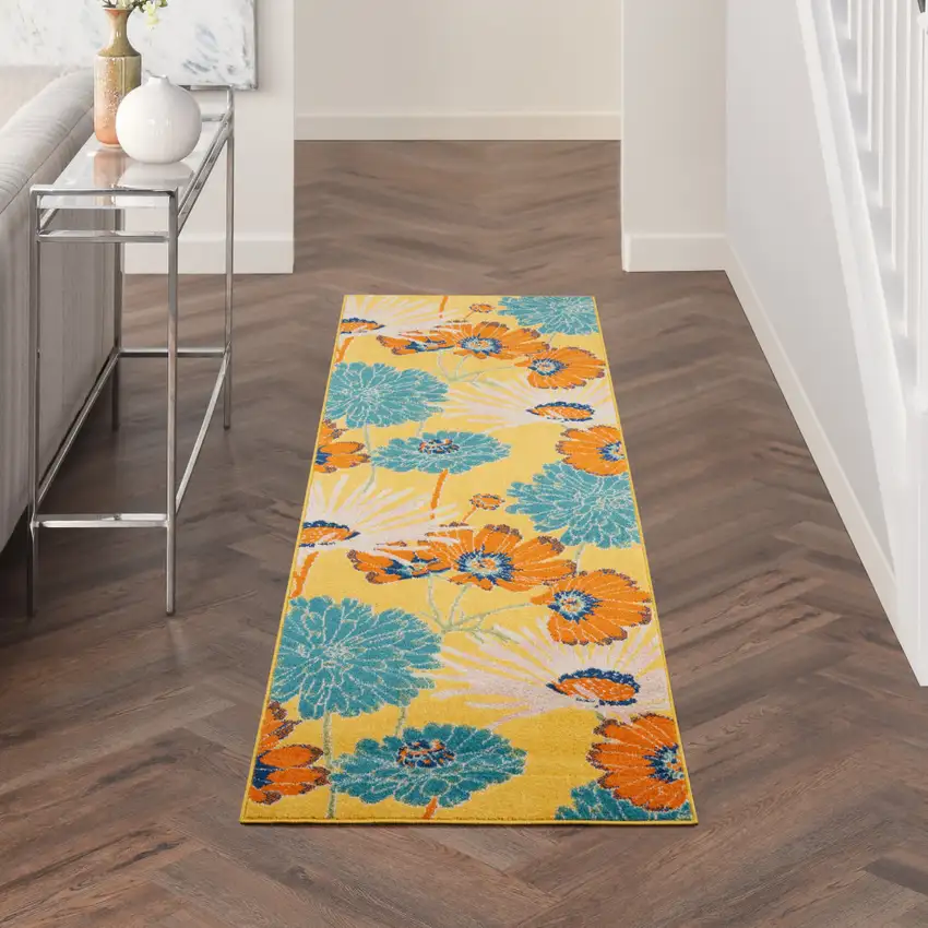 8' Yellow Floral Runner Rug Photo 6
