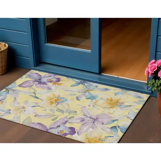 Yellow Gold And Lavender Floral Washable Indoor Outdoor Area Rug Photo 1