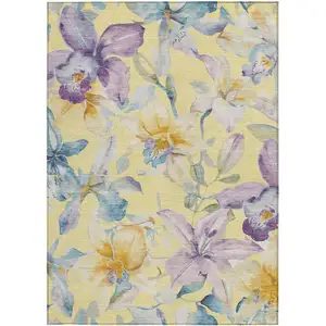 Photo of Yellow Gold And Lavender Floral Washable Indoor Outdoor Area Rug