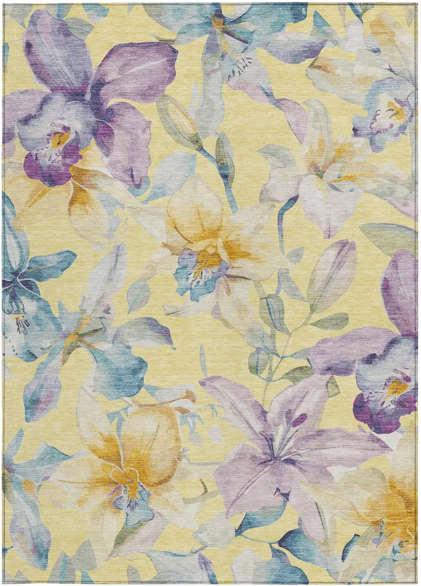 Yellow Gold And Lavender Floral Washable Indoor Outdoor Area Rug Photo 4