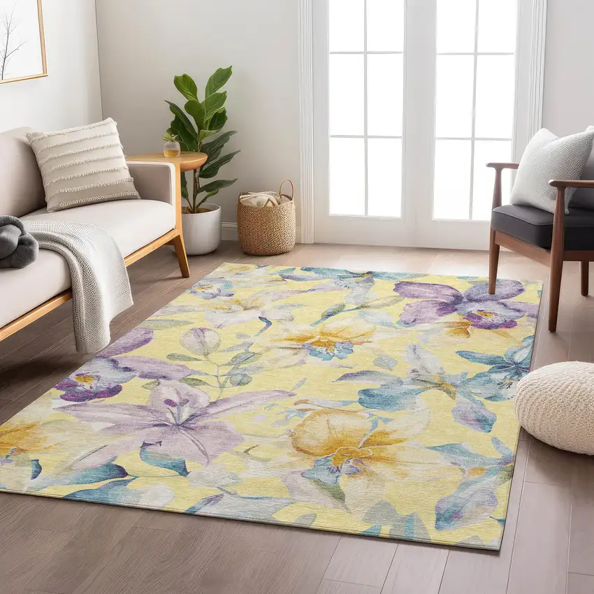 Yellow Gold And Lavender Floral Washable Indoor Outdoor Area Rug Photo 9