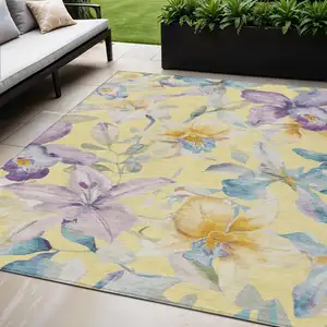 Photo of Yellow Gold And Lavender Floral Washable Indoor Outdoor Area Rug
