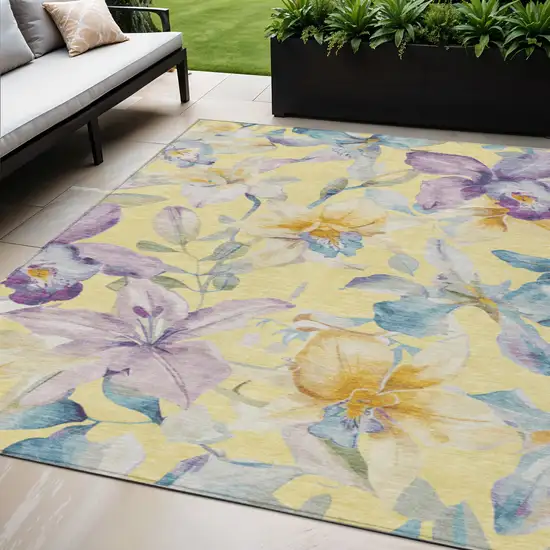 Yellow Gold And Lavender Floral Washable Indoor Outdoor Area Rug Photo 1