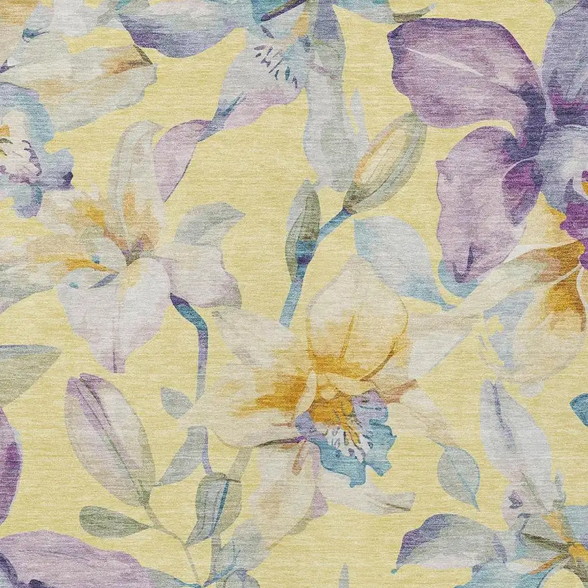 Yellow Gold And Lavender Floral Washable Indoor Outdoor Area Rug Photo 7