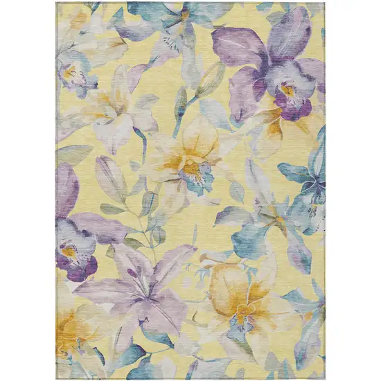 Yellow Gold And Lavender Floral Washable Indoor Outdoor Area Rug Photo 2
