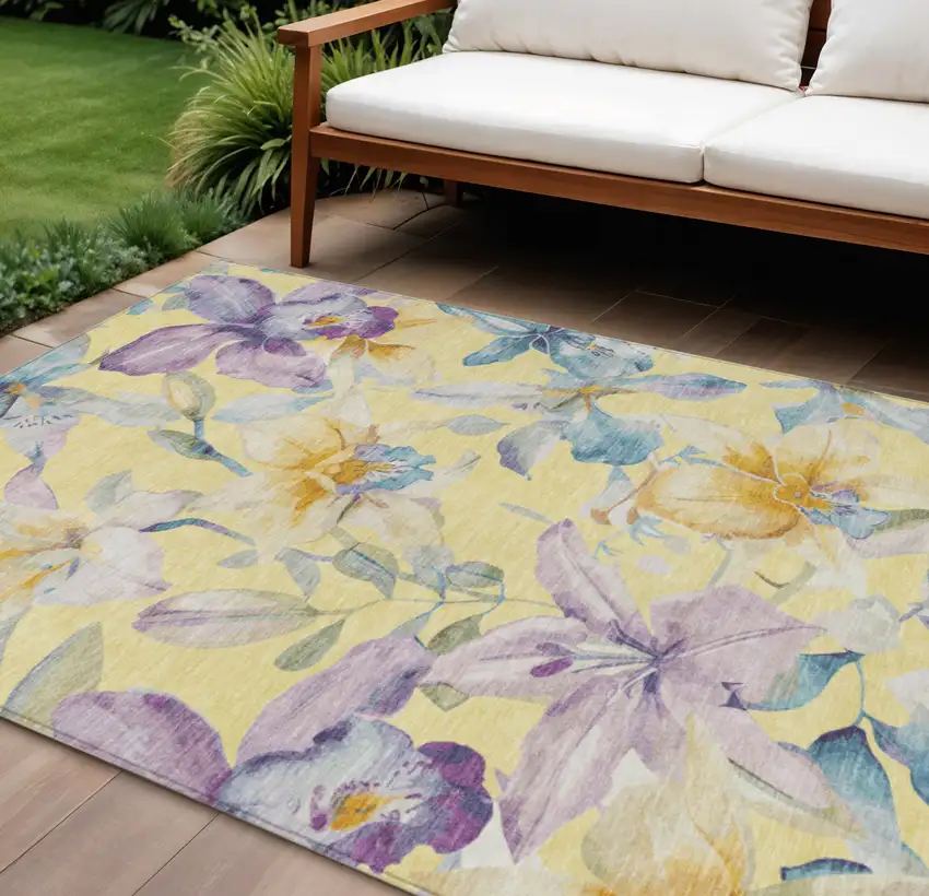 Yellow Gold And Lavender Floral Washable Indoor Outdoor Area Rug Photo 1