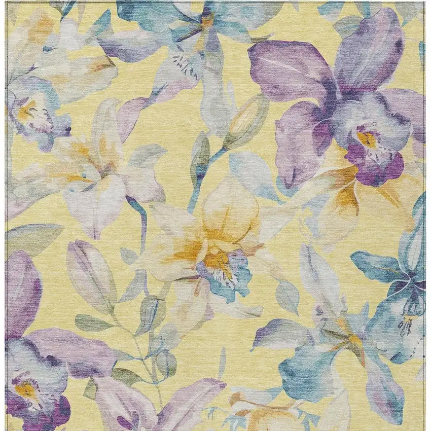 Yellow Gold And Lavender Floral Washable Indoor Outdoor Area Rug Photo 4