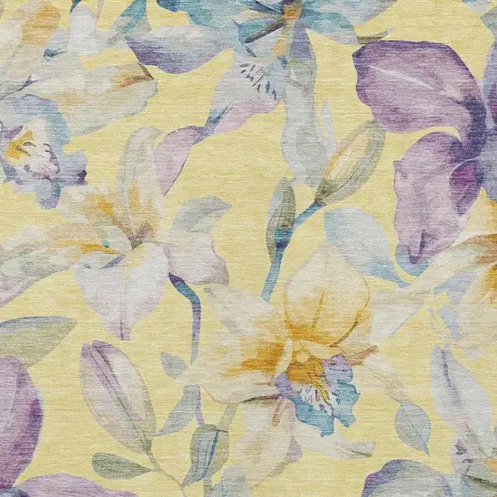 Yellow Gold And Lavender Floral Washable Indoor Outdoor Area Rug Photo 6
