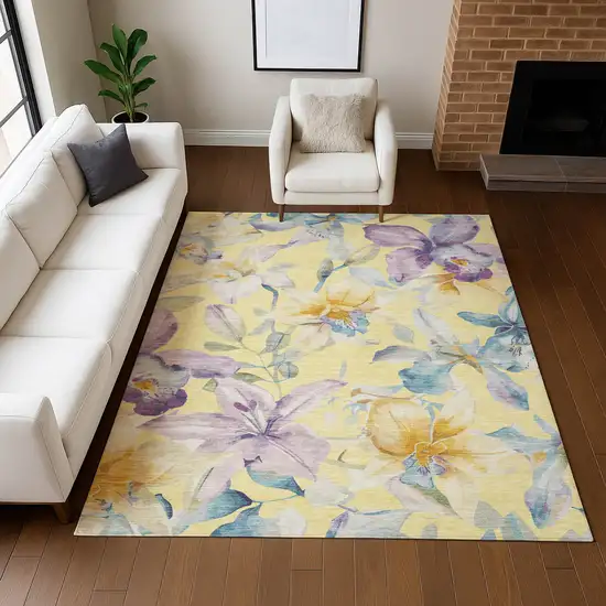 Yellow Gold And Lavender Floral Washable Indoor Outdoor Area Rug Photo 8