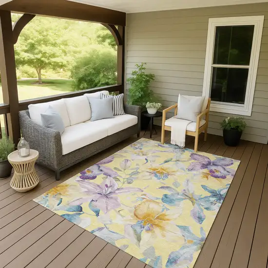 Yellow Gold And Lavender Floral Washable Indoor Outdoor Area Rug Photo 7