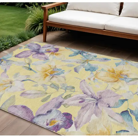Yellow Gold And Lavender Floral Washable Indoor Outdoor Area Rug Photo 1