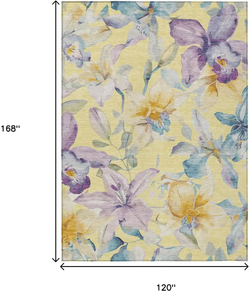 Yellow Gold And Lavender Floral Washable Indoor Outdoor Area Rug Photo 3