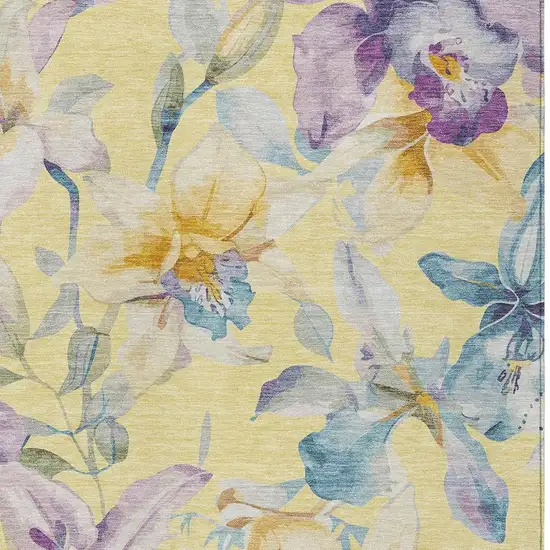 Yellow Gold And Lavender Floral Washable Indoor Outdoor Area Rug Photo 7