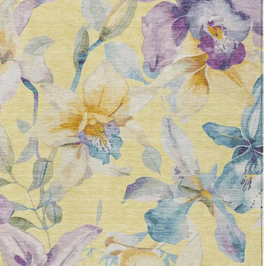Yellow Gold And Lavender Floral Washable Indoor Outdoor Area Rug Photo 7