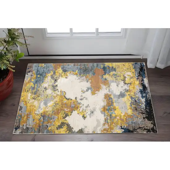 Yellow Gold Blue Grey Brown And Beige Abstract Power Loom Stain Resistant Area Rug Photo 1