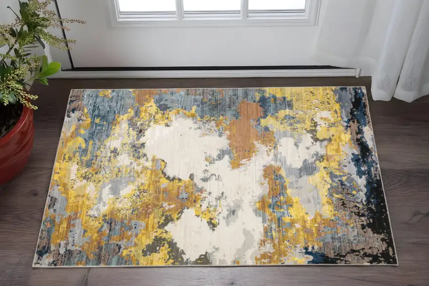 Yellow Gold Blue Grey Brown And Beige Abstract Power Loom Stain Resistant Area Rug Photo 1