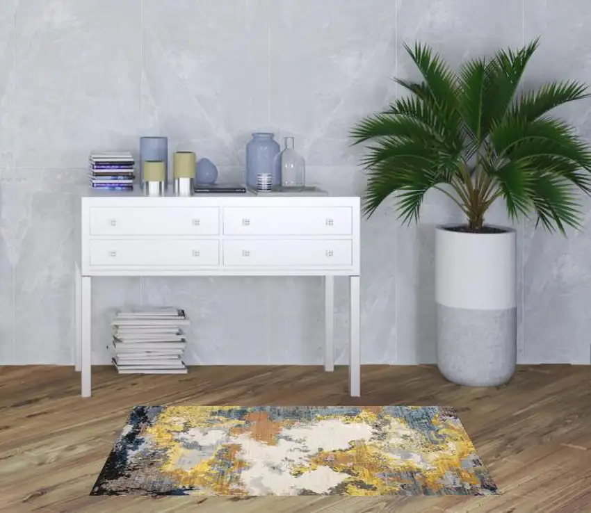 Yellow Gold Blue Grey Brown And Beige Abstract Power Loom Stain Resistant Area Rug Photo 2