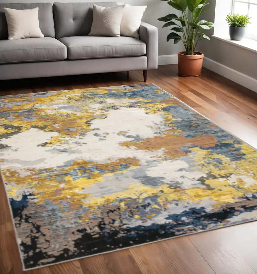 Yellow Gold Blue Grey Brown And Beige Abstract Power Loom Stain Resistant Area Rug Photo 1