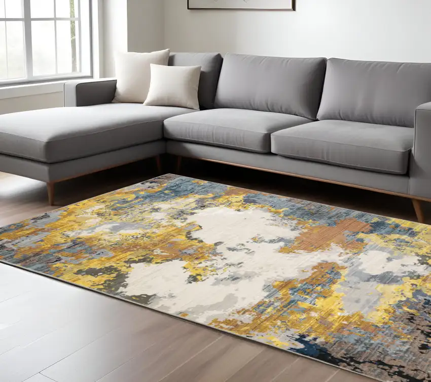 Yellow Gold Blue Grey Brown And Beige Abstract Power Loom Stain Resistant Area Rug Photo 1