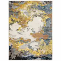 Photo of Yellow Gold Blue Grey Brown And Beige Abstract Power Loom Stain Resistant Area Rug