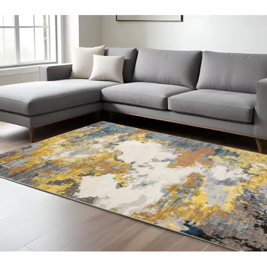 Yellow Gold Blue Grey Brown And Beige Abstract Power Loom Stain Resistant Area Rug Photo 1