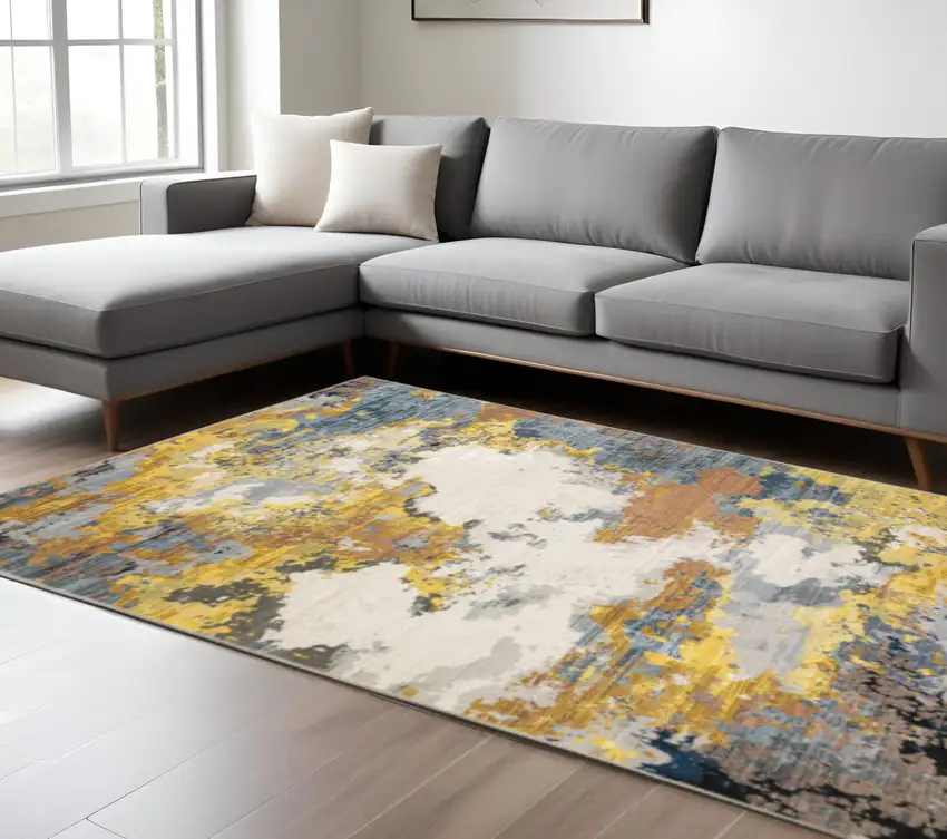 Yellow Gold Blue Grey Brown And Beige Abstract Power Loom Stain Resistant Area Rug Photo 1