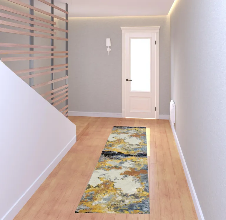 Yellow Gold Blue Grey Brown And Beige Abstract Power Loom Stain Resistant Runner Rug Photo 2