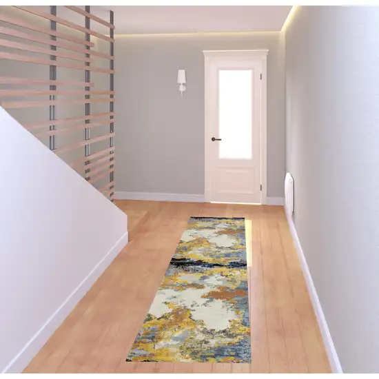 Yellow Gold Blue Grey Brown And Beige Abstract Power Loom Stain Resistant Runner Rug Photo 2