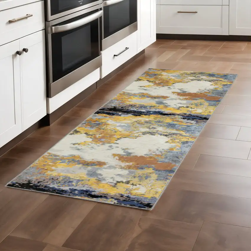 2' X 8' Yellow Gold Blue Grey Brown And Beige Abstract Power Loom Stain Resistant Runner Rug Photo 1