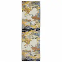 Photo of Yellow Gold Blue Grey Brown And Beige Abstract Power Loom Stain Resistant Runner Rug