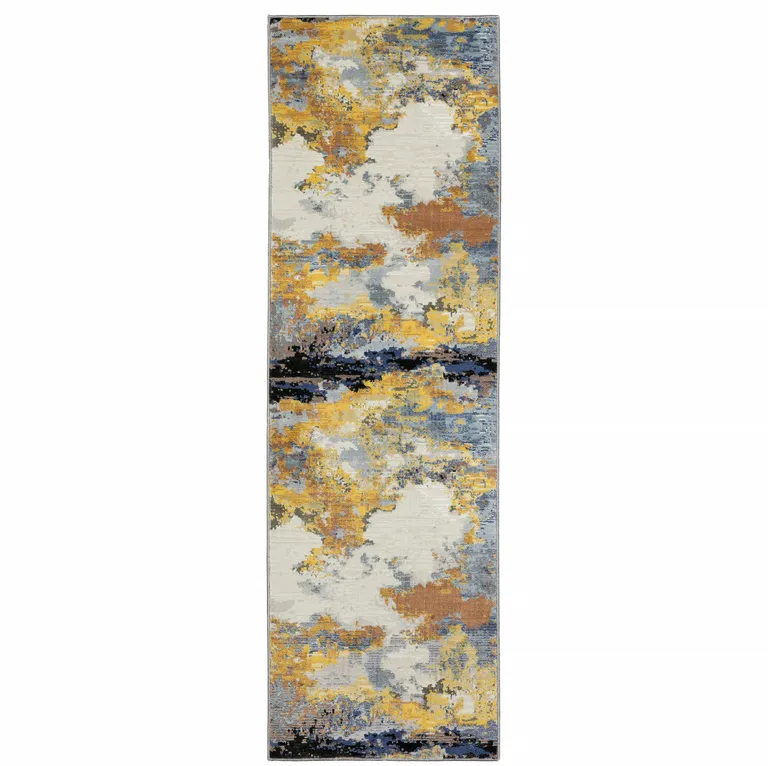 Yellow Gold Blue Grey Brown And Beige Abstract Power Loom Stain Resistant Runner Rug Photo 1