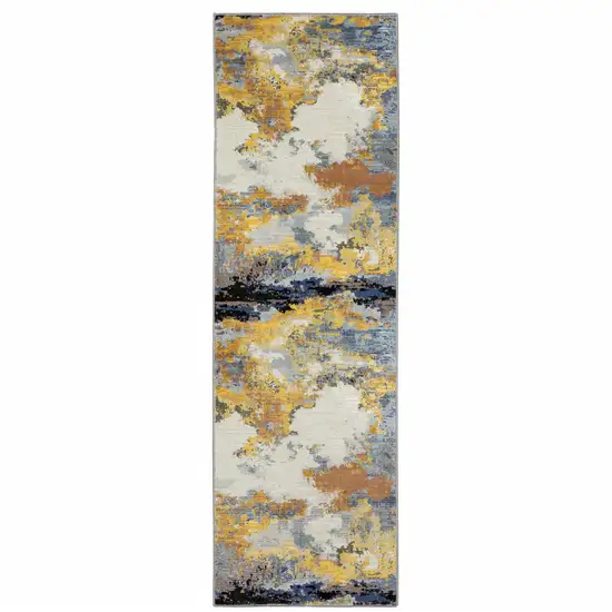 Yellow Gold Blue Grey Brown And Beige Abstract Power Loom Stain Resistant Runner Rug Photo 1