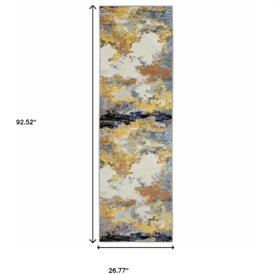 Yellow Gold Blue Grey Brown And Beige Abstract Power Loom Stain Resistant Runner Rug Photo 8