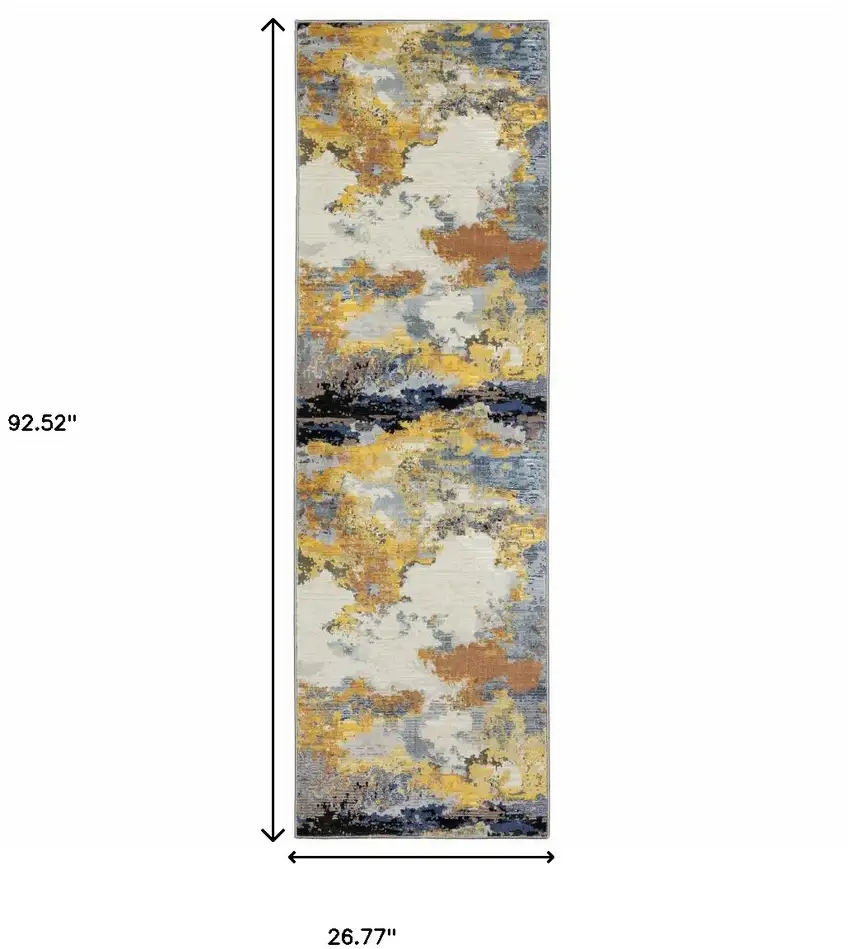 Yellow Gold Blue Grey Brown And Beige Abstract Power Loom Stain Resistant Runner Rug Photo 8
