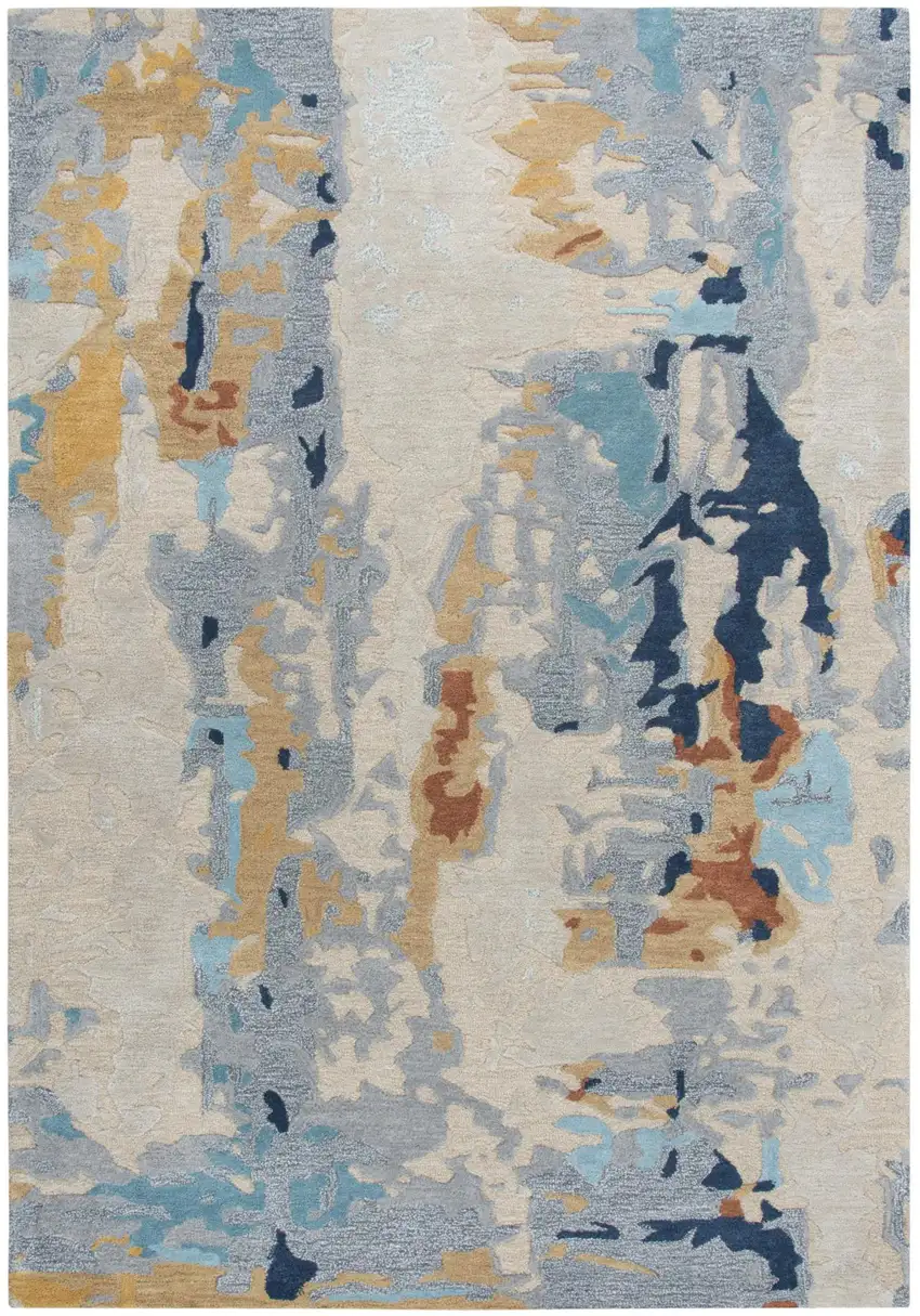 Yellow Gold Gray Light Blue And Blue Wool Abstract Hand Tufted Area Rug Photo 4