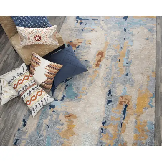 Yellow Gold Gray Light Blue And Blue Wool Abstract Hand Tufted Area Rug Photo 5