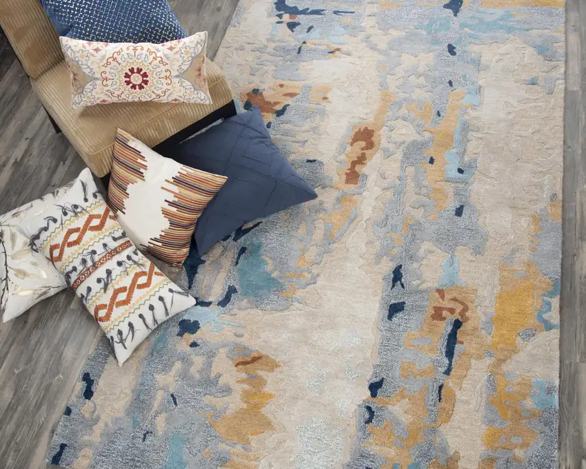 Yellow Gold Gray Light Blue And Blue Wool Abstract Hand Tufted Area Rug Photo 5