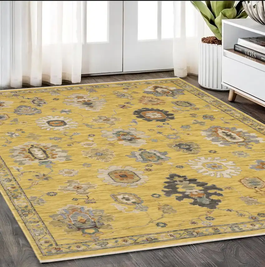 Yellow Gray And Black Oriental Area Rug With Fringe Photo 1