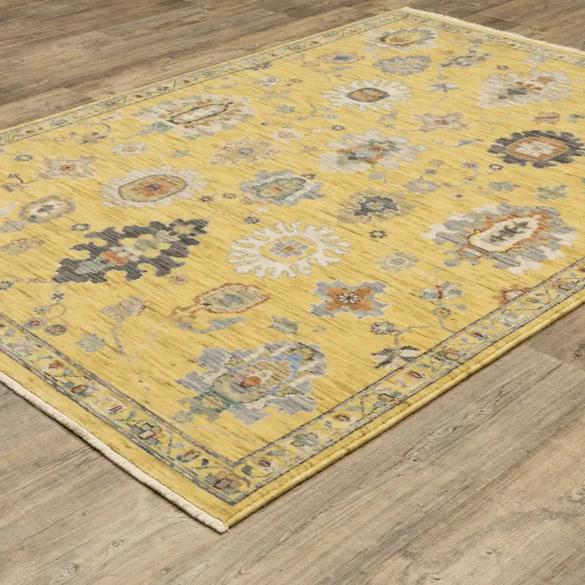 Yellow Gray And Black Oriental Area Rug With Fringe Photo 9