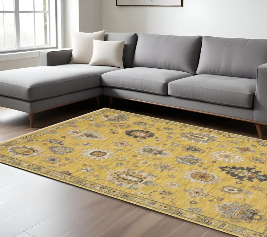 Yellow Gray And Black Oriental Area Rug With Fringe Photo 1