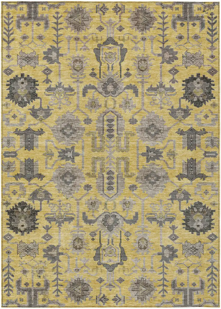 Yellow Gray And Charcoal Oriental Washable Indoor Outdoor Area Rug Photo 1