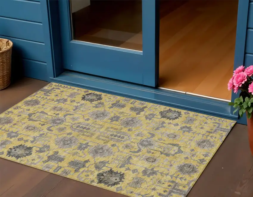 Yellow Gray And Charcoal Oriental Washable Indoor Outdoor Area Rug Photo 1