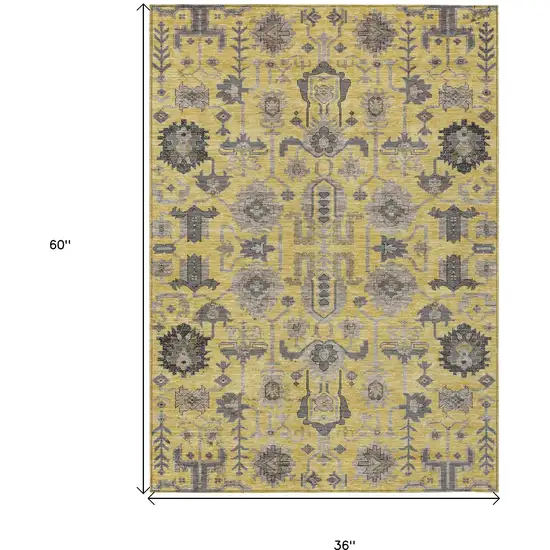 Yellow Gray And Charcoal Oriental Washable Indoor Outdoor Area Rug Photo 3