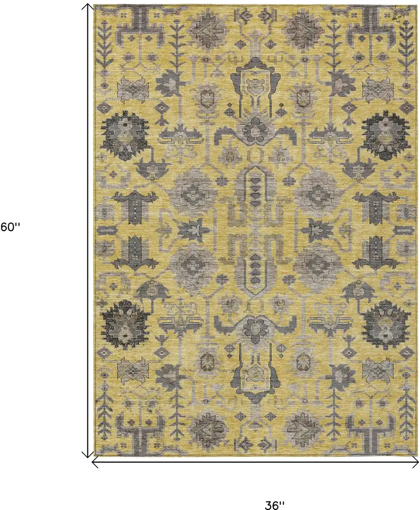 Yellow Gray And Charcoal Oriental Washable Indoor Outdoor Area Rug Photo 3