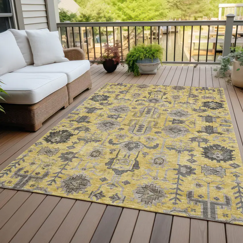 Yellow Gray And Charcoal Oriental Washable Indoor Outdoor Area Rug Photo 7