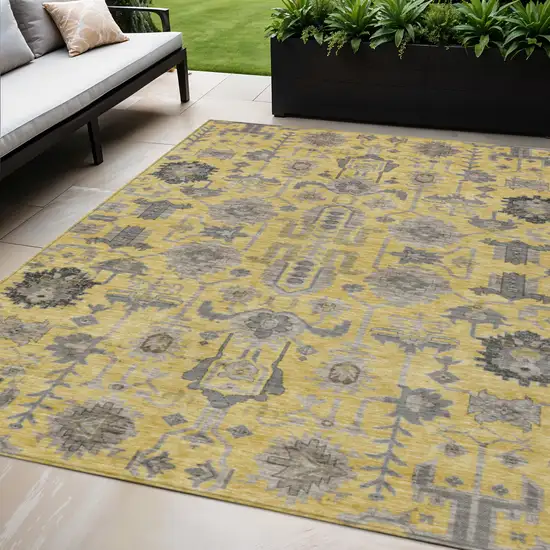 Yellow Gray And Charcoal Oriental Washable Indoor Outdoor Area Rug Photo 1
