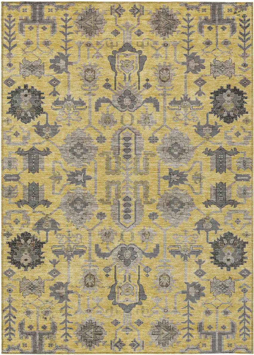 Yellow Gray And Charcoal Oriental Washable Indoor Outdoor Area Rug Photo 1