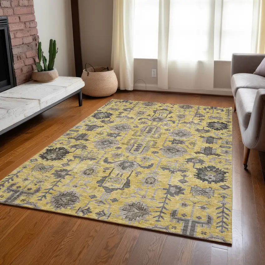 Yellow Gray And Charcoal Oriental Washable Indoor Outdoor Area Rug Photo 9